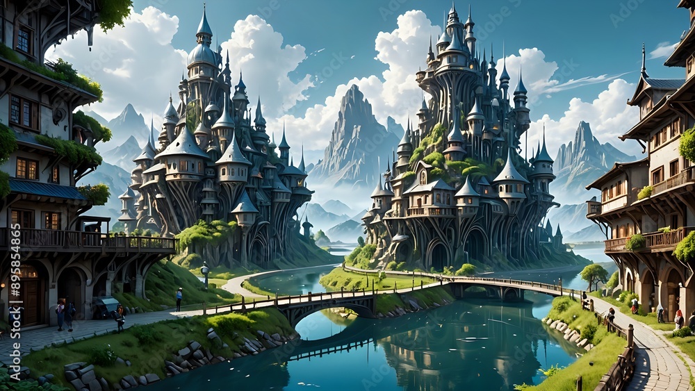 Fantasy city built into mountains with river and bridge. Fantasy city built into mountains with river and bridge.
