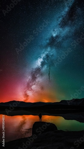 A person stands on a rock looking out at the stars