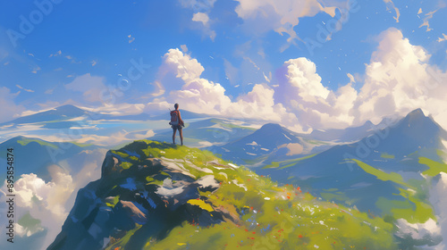 夏の絶景山岳風景と青空、山頂に立つハイカー