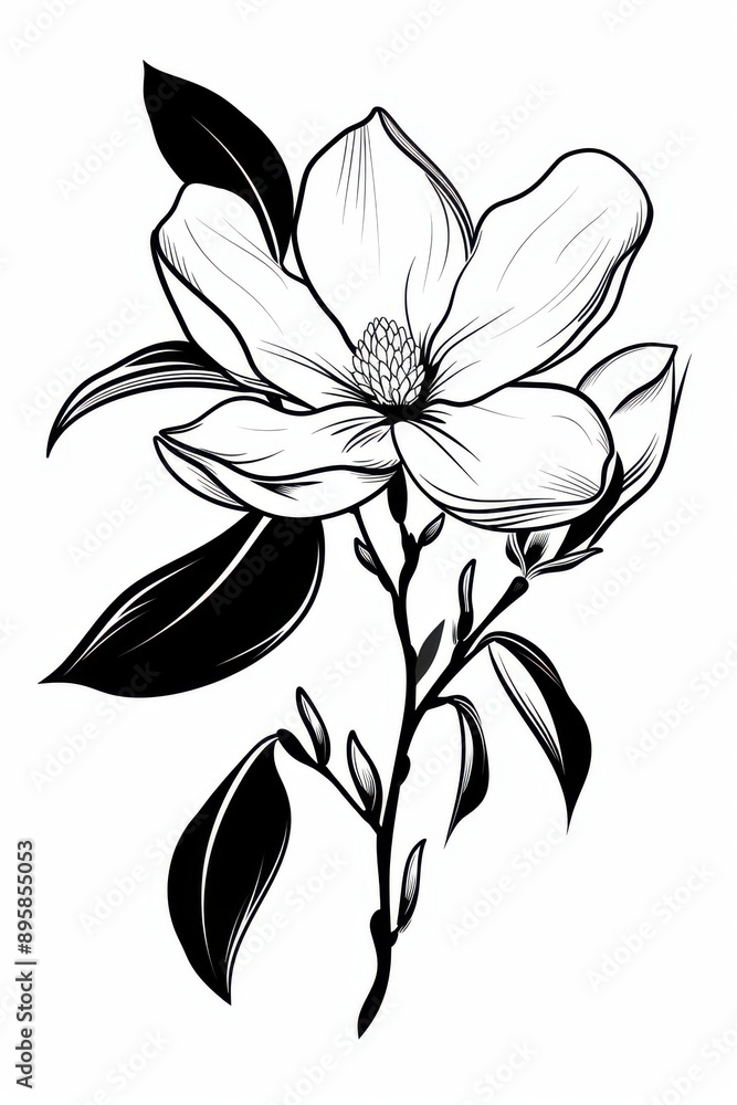 Black and white flat vector art of a magnolia bloom, svg style, isolated on white background, simple vector art design Black and white flat vector art of a magnolia bloom, svg style, isolated on white background, simple vector art design