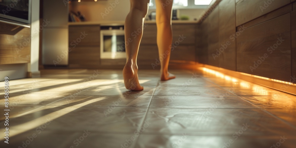 A person's feet are in the kitchen, and the sunlight is shining on the floor A person's feet are in the kitchen, and the sunlight is shining on the floor