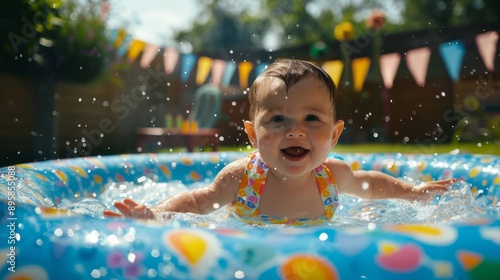 Happy baby splashing in a colorful inflatable pool with sunlight and garden in the background, creating a joyful summer vibe.