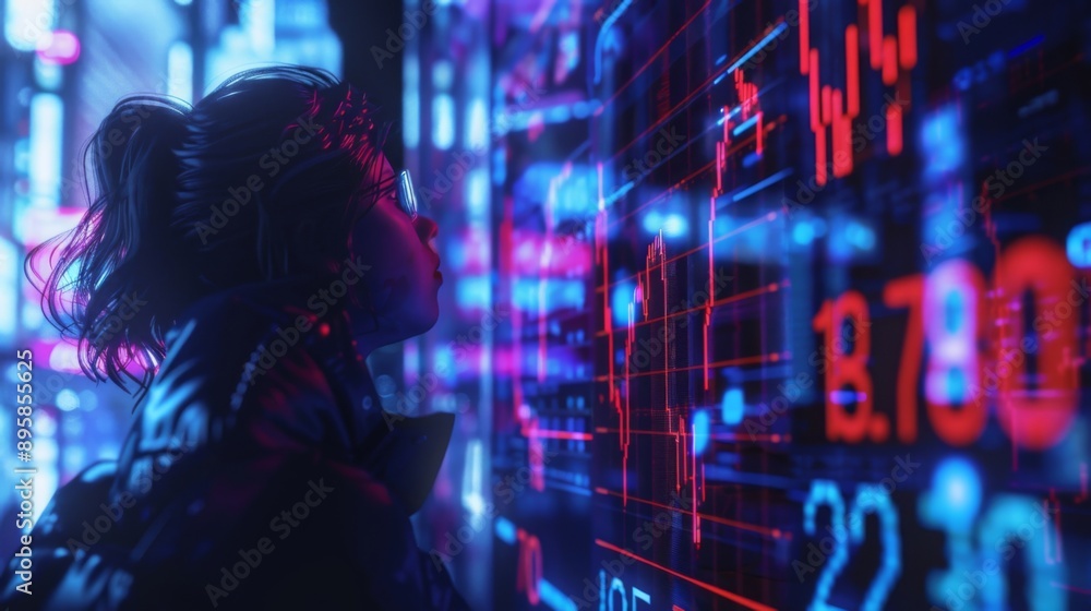 Woman analyzing futuristic financial data on neon-lit screens at night. Digital charts, data streams, and technology concepts prominently used. Woman analyzing futuristic financial data on neon-lit screens at night. Digital charts, data streams, and technology concepts prominently used.