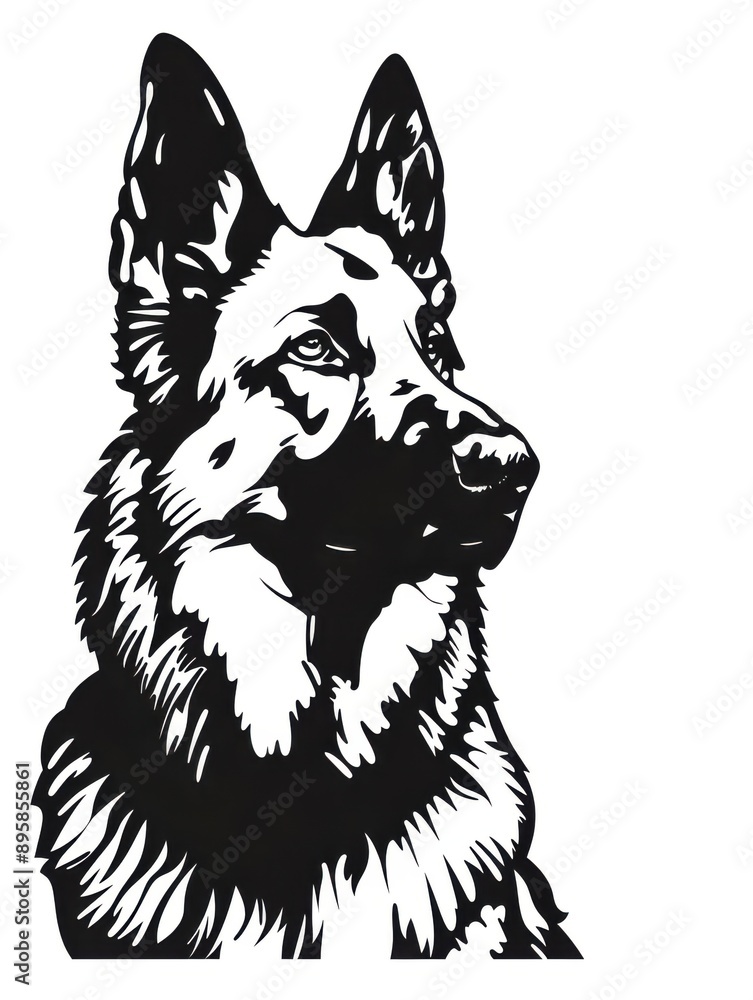 Black and white flat vector art of a German Shepherd, svg style, isolated on white background, simple vector art design