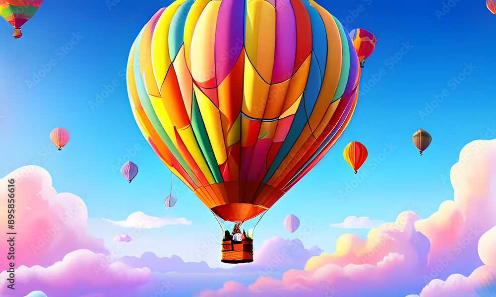 Fototapeta premium Colorful Hot Air Balloon Soaring Over Fluffy Clouds on a Sunny Day