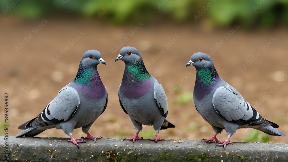 Three pigeons stand on a concrete ledge, looking at each other. Three pigeons stand on a concrete ledge, looking at each other.