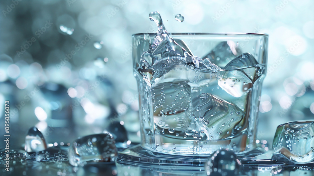 A photo of the moment when transparent and cold ice falls on water in a transparent glass cup, a refreshing advertising photo background, Generative AI A photo of the moment when transparent and cold ice falls on water in a transparent glass cup, a refreshing advertising photo background, Generative AI