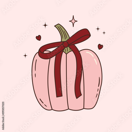 Vector illustration of cute coquette pumpkin with burgundy bow. Pink halloween decoration. Autumn season symbol in trendy colors. Girly vegetable with bloody red ribbon 