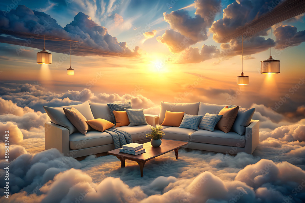 Obraz premium Surreal Living Room Set Amongst Clouds at Sunset