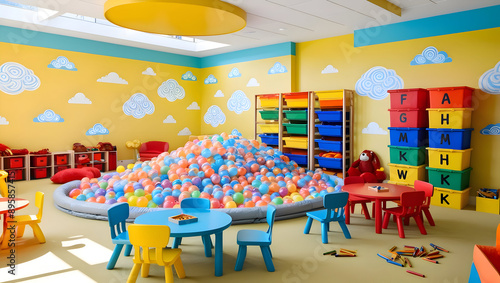 A vibrant playroom with a ball pit and colorful storage bins.