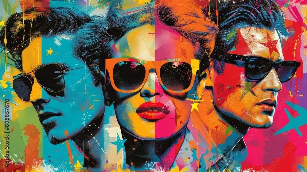 Obraz premium Colorful Pop Art Mural of Famous Icons on Vibrant Background | Retro Inspired Wall Decor with Energetic Flair