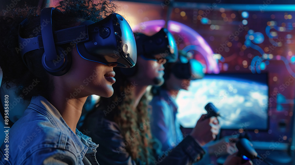 Young individuals of different backgrounds using VR headsets, large monitor emphasizing virtual reality, Young individuals of different backgrounds using VR headsets, large monitor emphasizing virtual reality,