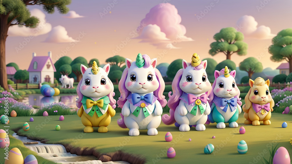 easter bunny colored rainbow eggs 3d, AI generated easter bunny colored rainbow eggs 3d, AI generated