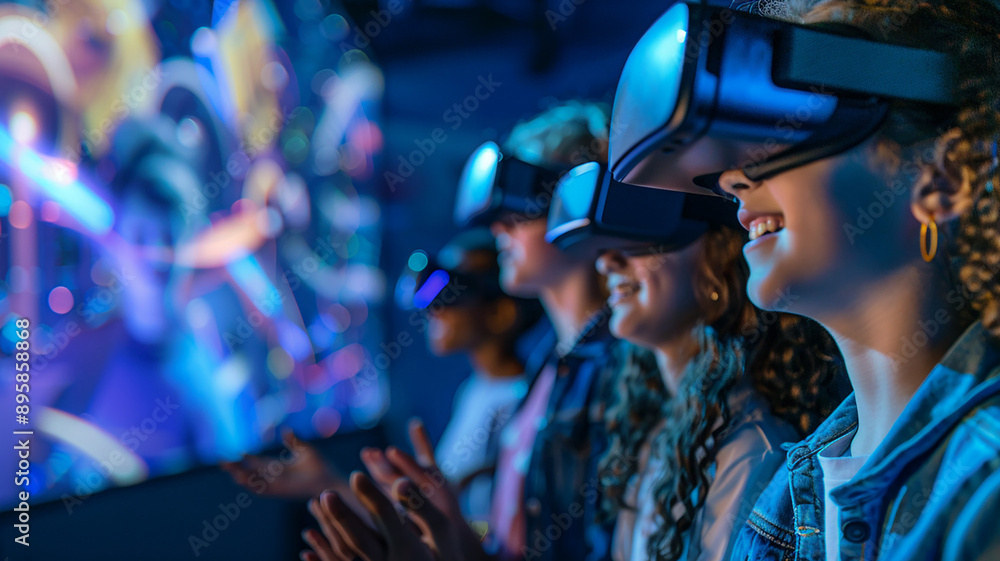 Group of young people from different ethnicities in VR activities, big screen highlighting VR aspects, Group of young people from different ethnicities in VR activities, big screen highlighting VR aspects,