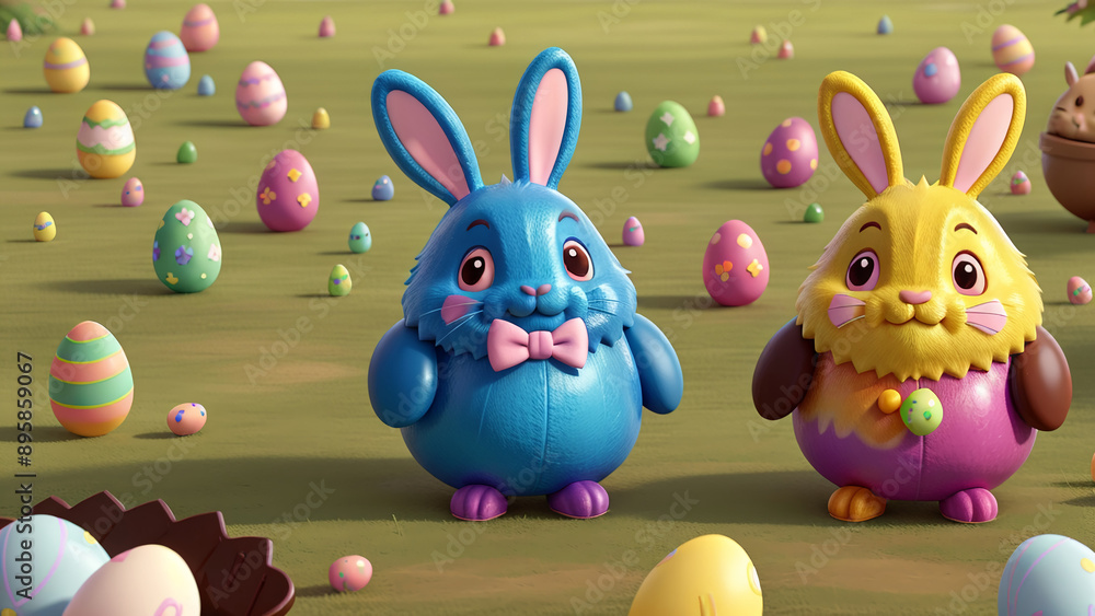 Obraz premium easter bunny colored rainbow eggs 3d, AI generated