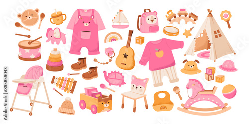 Kids pink toys set. Cute accessories, clothes and dishes for a baby girl. Childhood, children games, preschool activities concept. Flat vector illustration
