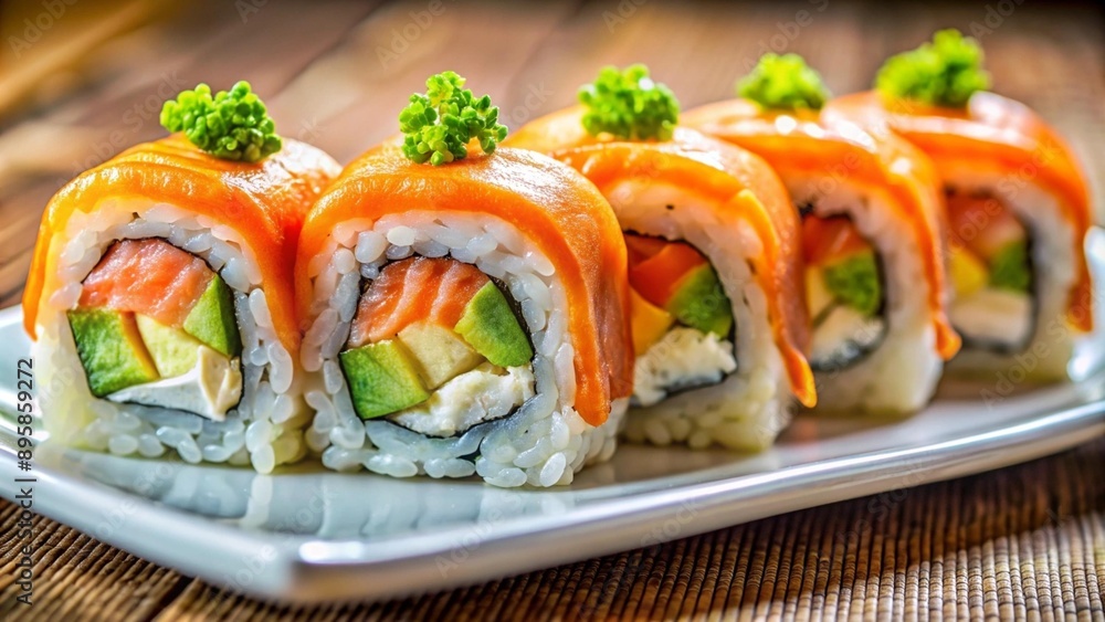 Sushi. Rolls on a beautiful tray, colorful image of table setting, plate, food decoration, food advertisement, beautiful design. High quality image Sushi. Rolls on a beautiful tray, colorful image of table setting, plate, food decoration, food advertisement, beautiful design. High quality image