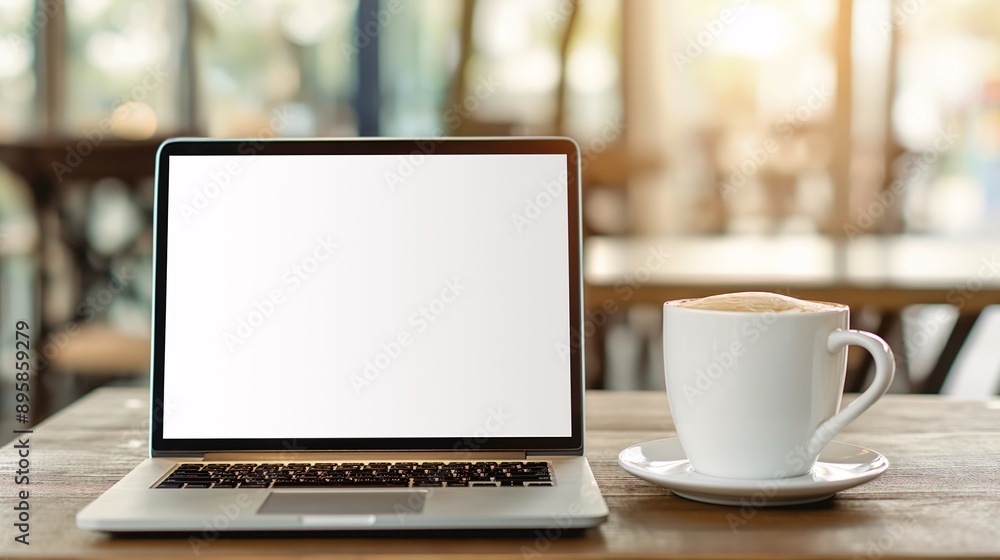 Fototapeta premium Laptop with Blank Screen and Coffee in Cafe Ambiance 