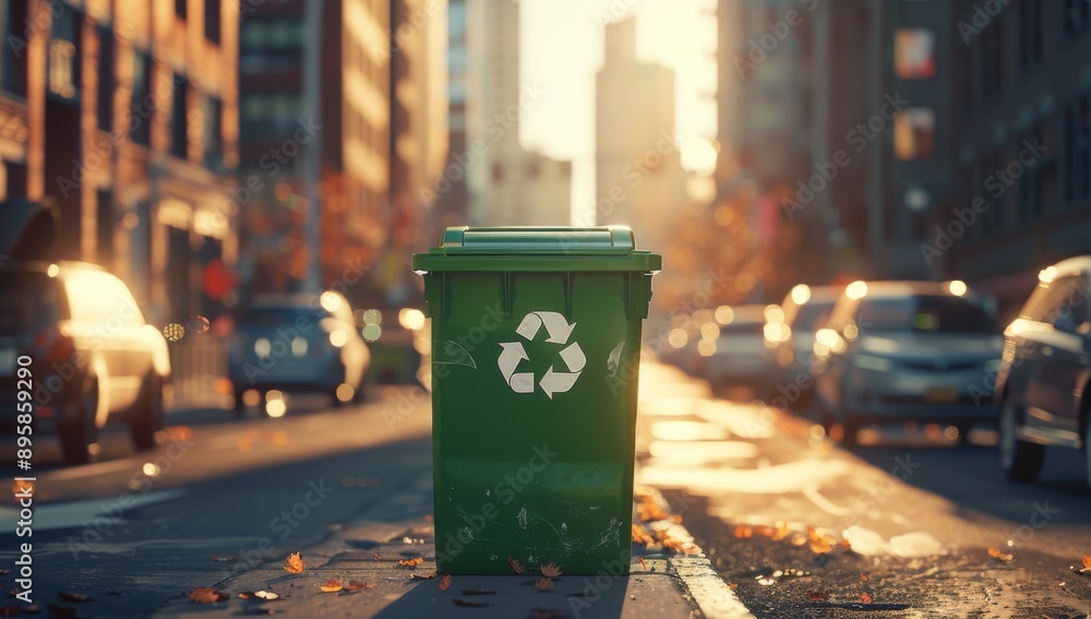 Green bin with recycling symbol on city street 