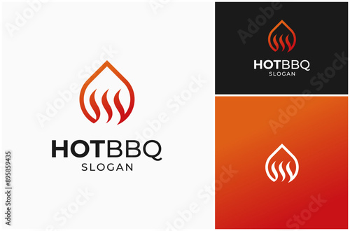 Hot Fire BBQ Barbecue Grill Cooking Barbeque Flame Smoke Heat Vector Logo Design Illustration