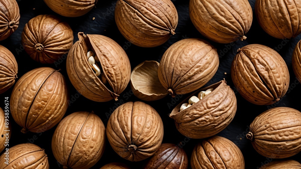 A close-up shot of a group of walnut shells with their inner kernels showing. A close-up shot of a group of walnut shells with their inner kernels showing.