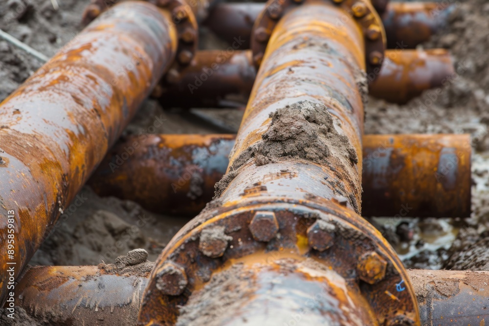 Water Pipe Emergency: Safety provided during broken pipe replacement. Old, corroded water pipe changed to new in construction background Water Pipe Emergency: Safety provided during broken pipe replacement. Old, corroded water pipe changed to new in construction background