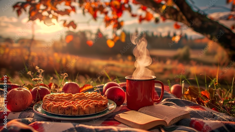 Autumn picnic in the park. Cozy blanket with apple pie, ripe apples and hot drink in red mug, against colorful autumn leaves background Autumn picnic in the park. Cozy blanket with apple pie, ripe apples and hot drink in red mug, against colorful autumn leaves background