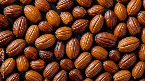 Close-up of brown argan nuts on a black background.