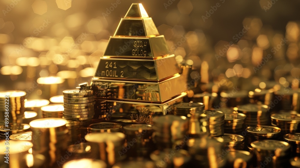 A 3D rendering of a pyramid of stacked gold bars and coins, symbolizing stability, wealth accumulation, and financial power. A 3D rendering of a pyramid of stacked gold bars and coins, symbolizing stability, wealth accumulation, and financial power.