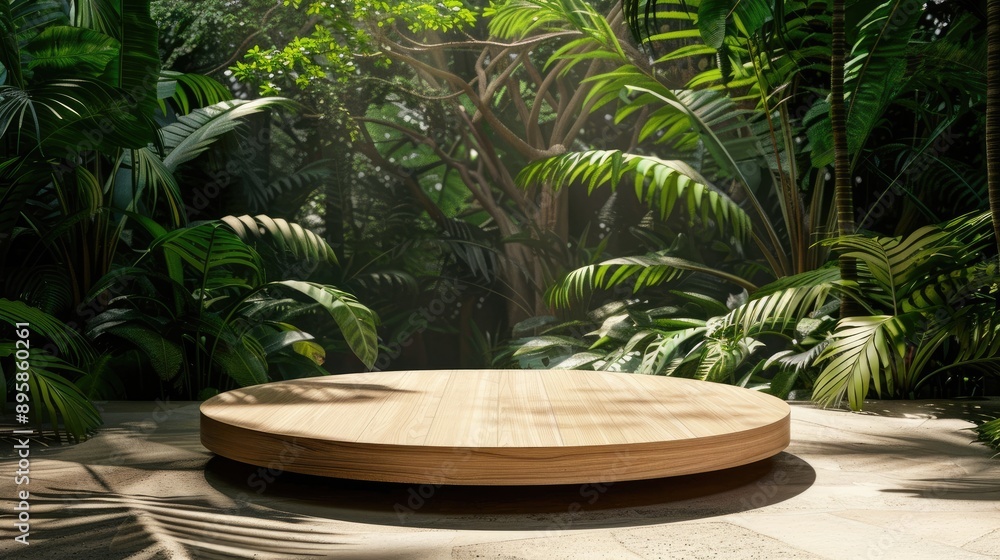 3D wooden product display podium in a jungle forest, with sunshine and shadows, ideal for organic and nature-themed presentations 3D wooden product display podium in a jungle forest, with sunshine and shadows, ideal for organic and nature-themed presentations