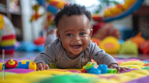A baby enjoys tummy time on a colorful play mat, reaching out for toys and giggling with delight. The engaging activity and vibrant setting make for a lively and heartwarming scene.