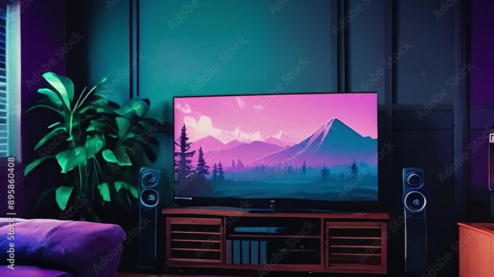 Modern Living Room with Television Showing Mountain Landscape Modern Living Room with Television Showing Mountain Landscape
