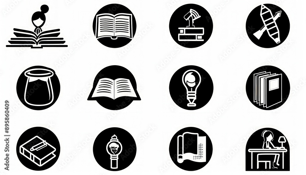 School icon set in black on white, displaying various classroom activities and student engagement.