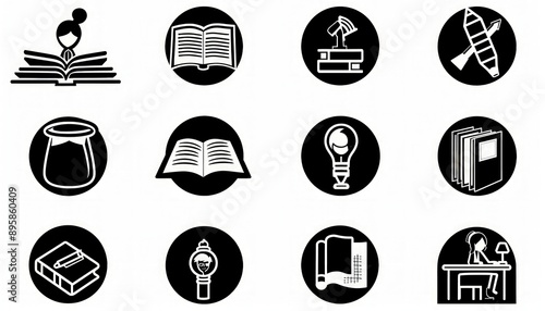 Obraz na płótnie School icon set in black on white, displaying various classroom activities and student engagement. w salonie