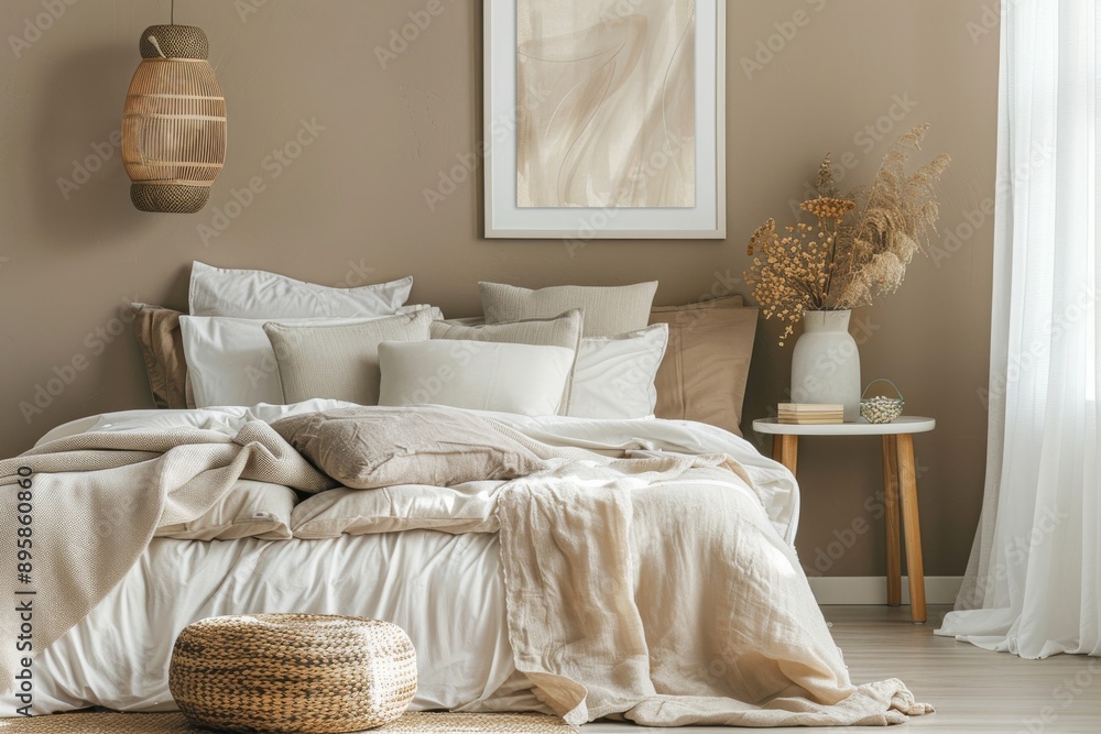 Interior of modern bedroom with brown walls, wooden floor, beige bed with white linen, wicker basket with dried flowers in vase. Interior of modern bedroom with brown walls, wooden floor, beige bed with white linen, wicker basket with dried flowers in vase.