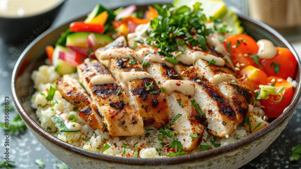 A bowl of cauliflower rice topped with sauteed vegetables, grilled chicken, and a drizzle of tahini sauce A bowl of cauliflower rice topped with sauteed vegetables, grilled chicken, and a drizzle of tahini sauce