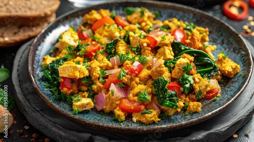 A colorful tofu scramble with bell peppers, spinach, onions, and turmeric served with whole grain toast