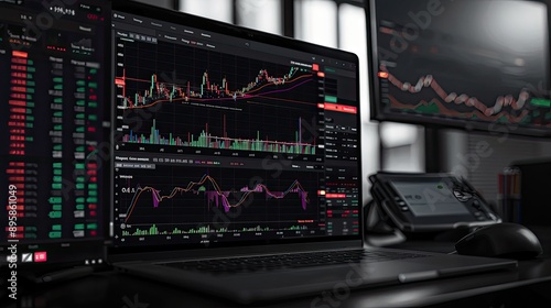 A comprehensive desktop trading platform displaying live stock market charts, trading options, and portfolio management tools