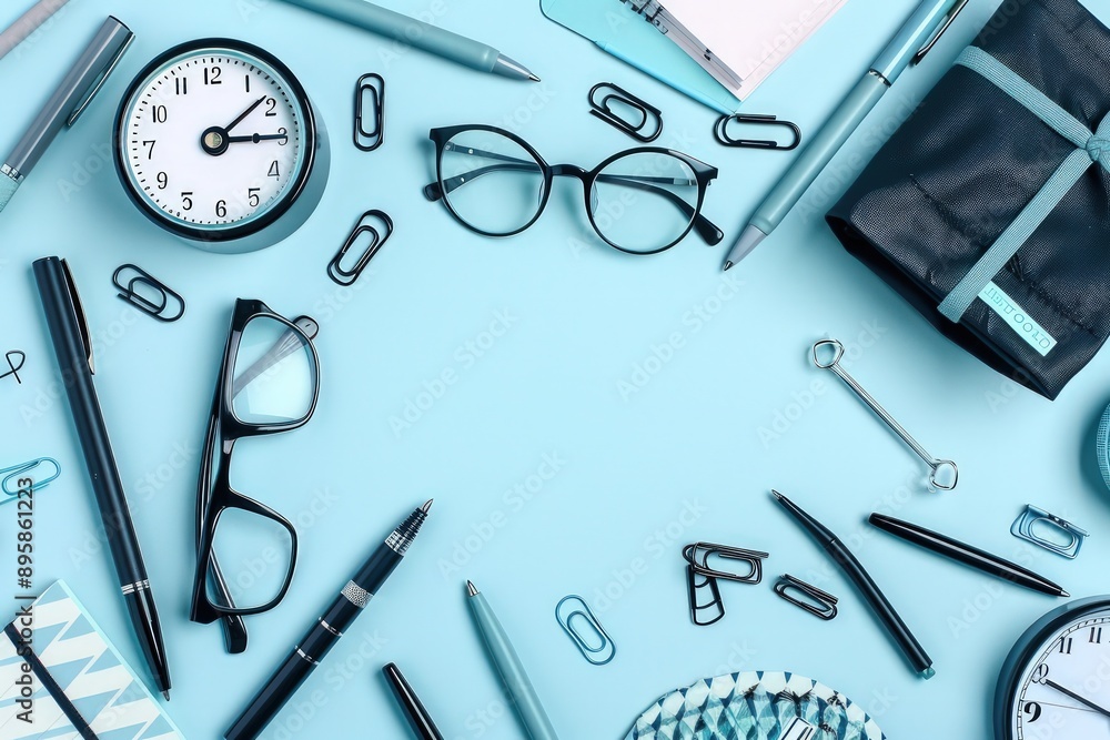 An alarm clock, glasses, and black pens scattered on a pastel blue background, space for text on top, designed for an aesthetic flat lay presentation. An alarm clock, glasses, and black pens scattered on a pastel blue background, space for text on top, designed for an aesthetic flat lay presentation.