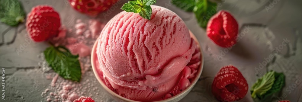 Close-up of a delicious raspberry ice cream scoop in a bowl, garnished with fresh raspberries and mint leaves, placed on rustic gray background. Close-up of a delicious raspberry ice cream scoop in a bowl, garnished with fresh raspberries and mint leaves, placed on rustic gray background.