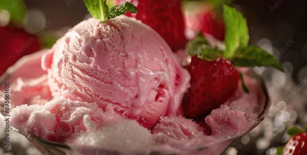 Delicious strawberry ice cream served with fresh strawberries and mint leaves in a bowl, perfect for a refreshing dessert. Delicious strawberry ice cream served with fresh strawberries and mint leaves in a bowl, perfect for a refreshing dessert.