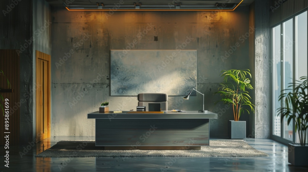 Interior of modern office with concrete walls, concrete floor, gray reception desk with computer and plant. Interior of modern office with concrete walls, concrete floor, gray reception desk with computer and plant.