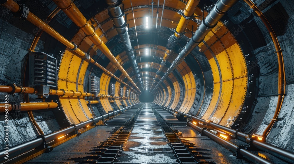 An underground tunnel with maintenance robots performing regular checks and repairs on critical infrastructure systems An underground tunnel with maintenance robots performing regular checks and repairs on critical infrastructure systems