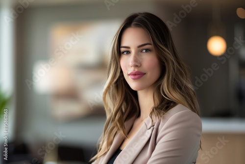 Corporate Professional: A woman in a modern office environment. Medium shot capturing her confidence and professionalism.