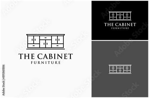 Cabinet Cupboard Wardrobe Drawer Table Furniture Interior Home Decor Vector Logo Design Illustration