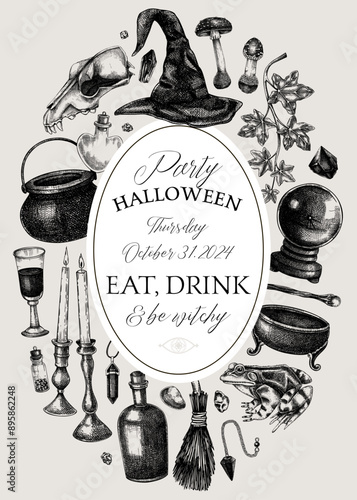 Witch party invitation design. Boho witchcraft frame, banner, flyer. Vinatge Halloween sketches. Hand-drawn vector illustration. NOT AI generated