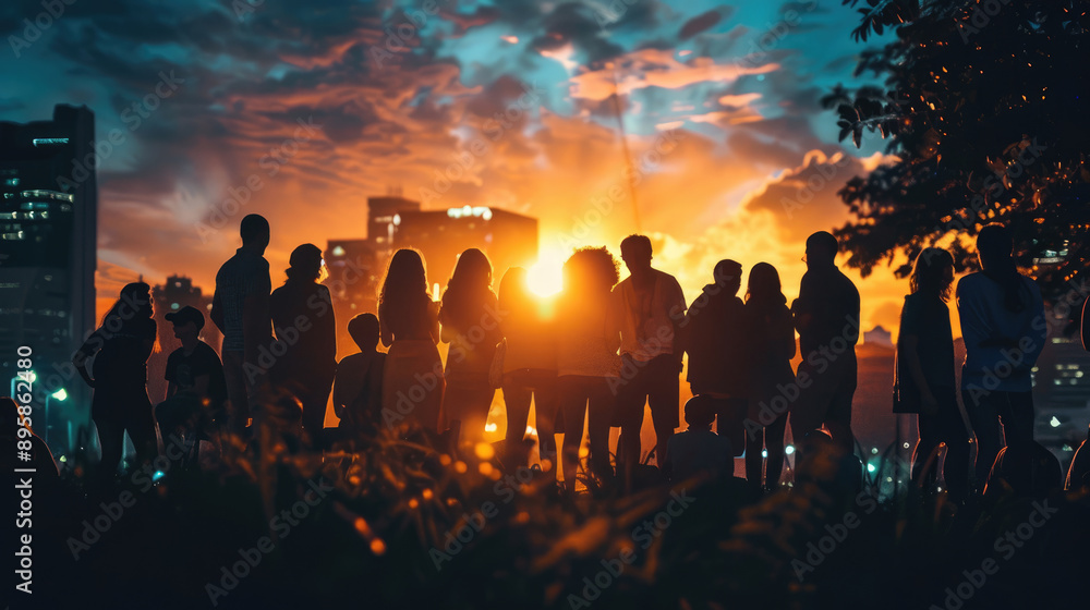 Silhouetted people enjoy sunset in peaceful twilight Silhouetted people enjoy sunset in peaceful twilight
