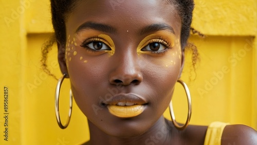 close up portrait of a young woman with dark skin and a yellow make up , complemented by a vibrant yellow backdrop