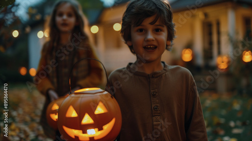 Kids using Jack-O-Lantern candy buckets while trick-or-treating on Halloween.