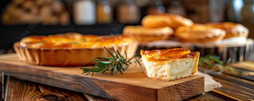 Delicious homemade quiche on a rustic wooden table, garnished with rosemary. Perfect for breakfast, brunch, or a cozy meal. Delicious homemade quiche on a rustic wooden table, garnished with rosemary. Perfect for breakfast, brunch, or a cozy meal.